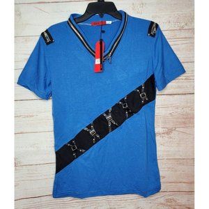 Vento Vassari Royal Blue Large All Over Zipper Designer Short Sleeve Shirt